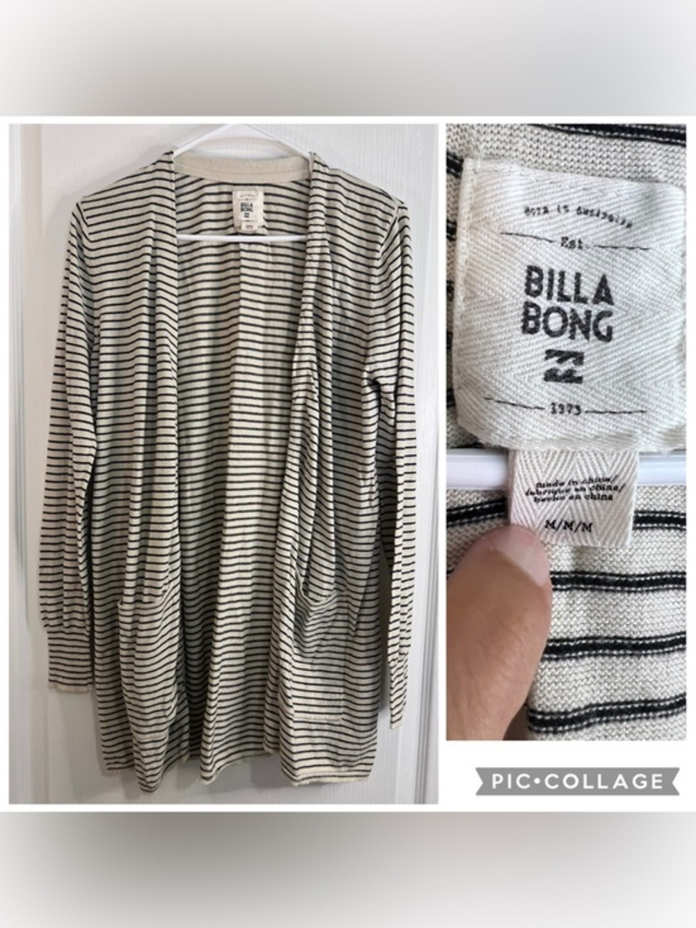 Billabong Cream & Black Striped Open Cardigan size M